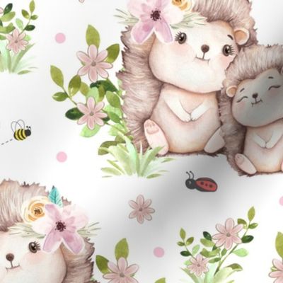 Pink Floral Woodland Animals Hedgehog and Baby Girl Nursery Bee Ladybug Greenery 