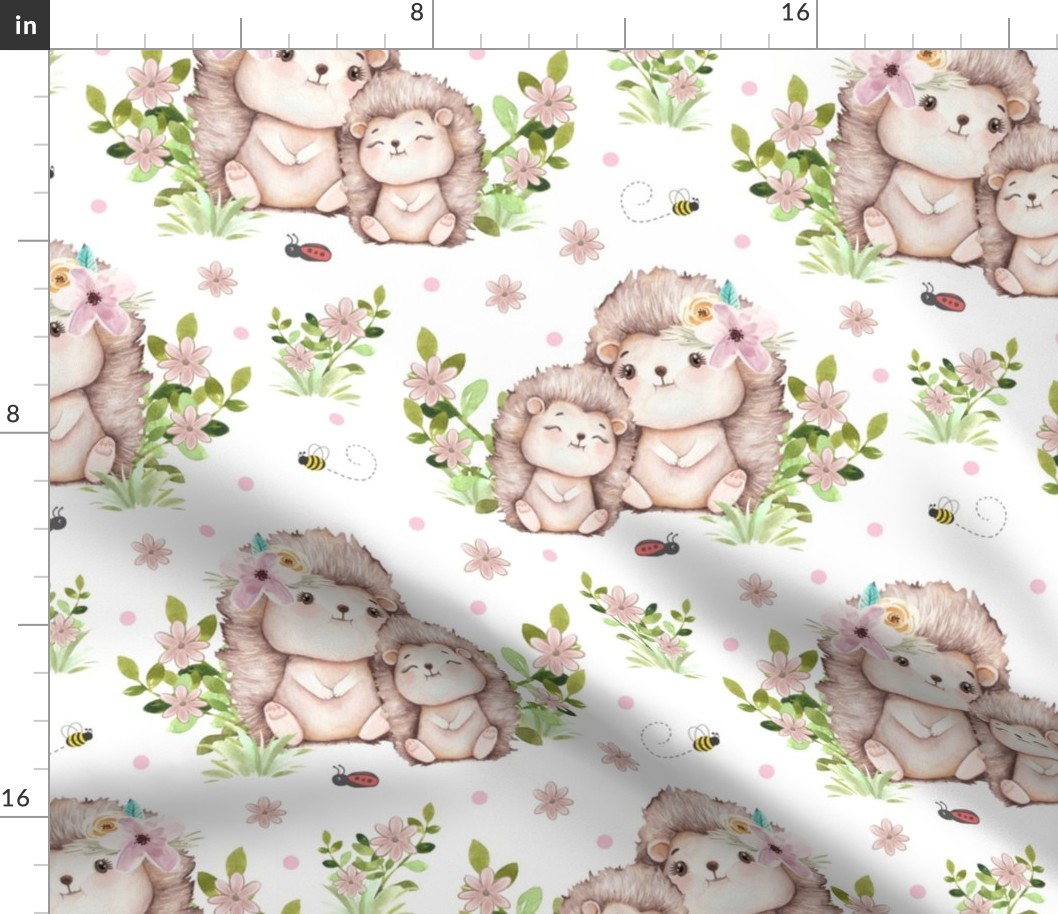 Pink Floral Woodland Animals Hedgehog and Baby Girl Nursery Bee Ladybug Greenery 