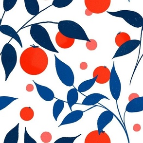 Red, white and blue citrus fruits and leaves 