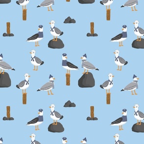 Summer Beach Seagulls on Blue, Seagull Fabric, Nautical, Summer Fabric, Summer, Cute Birds, Kids Fabric, Rocks
