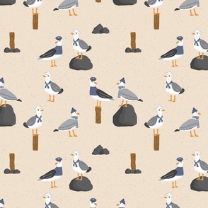 Summer Beach Seagulls on Beige, Seagull Fabric, Nautical, Summer Fabric, Summer, Cute Birds, Kids Fabric, Rocks