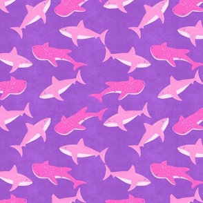 Pink Sharks on Purple, Shark Pattern, Shark Wallpaper Background, Aquatic Animals, Summer, Beach, Sea Ocean, Girls Room, Girl Summer