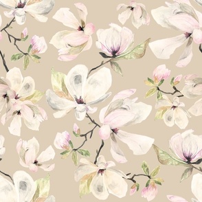 Large White Flowers / Beige / Magnolia Florals / Watercolor