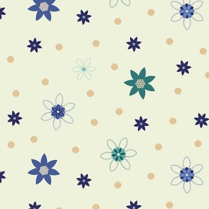 Medium Mixed Flowers and Textured Dots on Pale Green Background. 