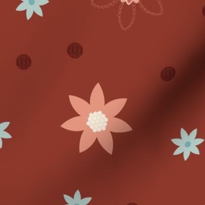 Medium Mixed Flowers and Textured Dots on Earthy Red Background. 