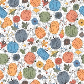 Autumn Pumpkins, Leaves, Acorns and Chrysanthemums on White 