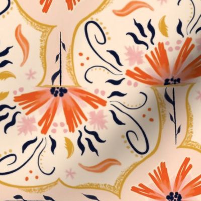 Vintage Floral in Orange and Light Pink | Large Version | Hand Drawn Cottage Core Style | Orange Pink Mustard & Navy