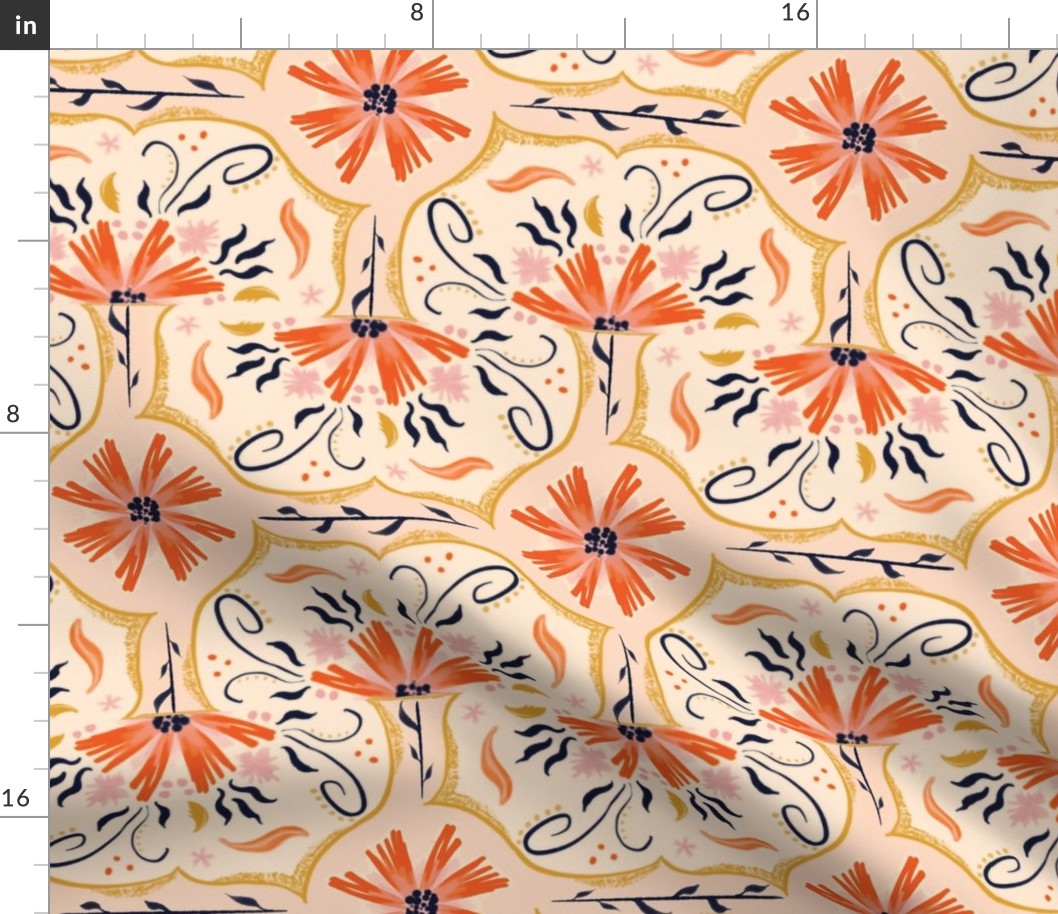 Vintage Floral in Orange and Light Pink | Large Version | Hand Drawn Cottage Core Style | Orange Pink Mustard & Navy