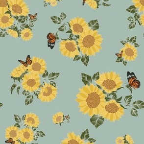 The Delilah Print (Sage Colourway) - Sunflowers & Butterflies