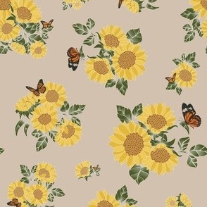 The Delilah Print (Taupe Colourway) - Sunflowers & Butterflies