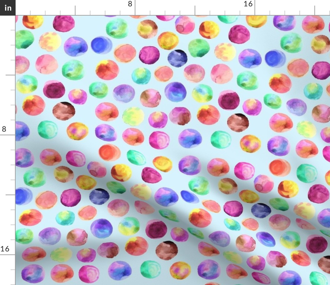 Rainbow Polka Dots Watercolor On Baby Blue