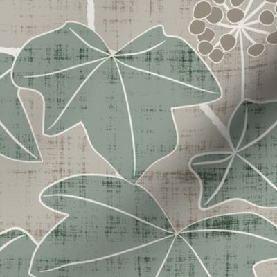 Ivy leaves & winter moths - linen texture - beige khaki & sage green & ecru