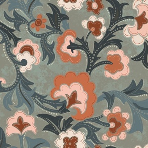 Peach Floral Design, green and gray background, large scale
