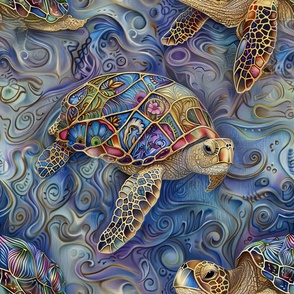 Beautiful Decorated Floral Sea Turtles Swimming in the Ocean