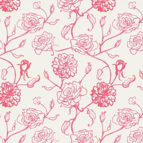 Rosebud trailing floral / cecil bruner rose / hand drawn vintage flowers / subtle climbing floral wallpaper / classical rococo roses / climbing rose stripes / hot pink outlined