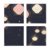 (L) Festive garden party paper lanterns under the stars, coral-beige and blush pink on navy blue