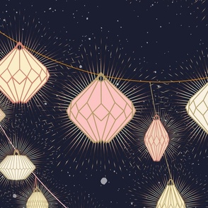 (L) Festive garden party paper lanterns under the stars, coral-beige and blush pink on navy blue