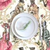 (L) Queen's Tea Party - safari animals in victorian outfit in ivory