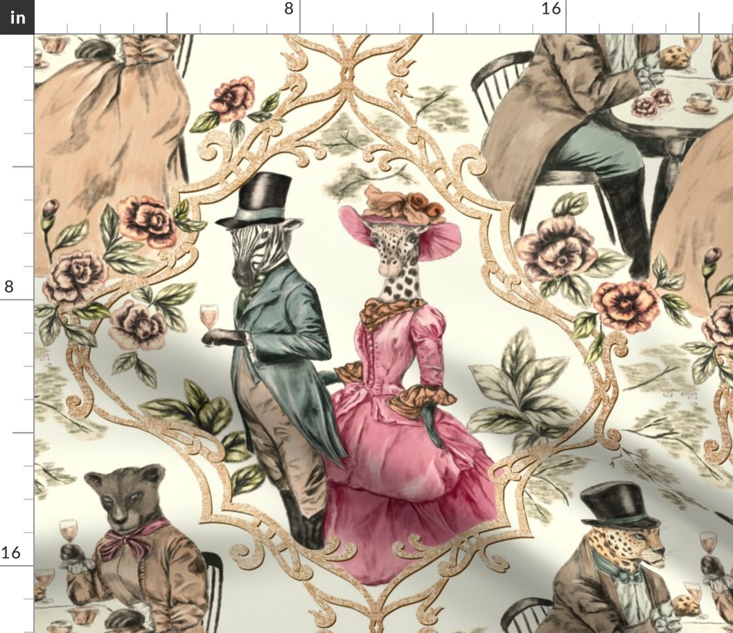 (L) Queen's Tea Party - safari animals in victorian outfit in ivory