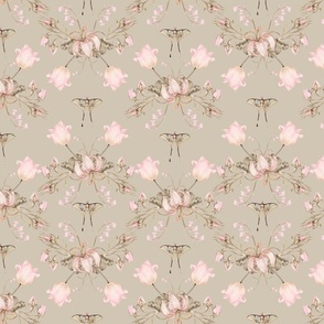 Exquisite Marie Antoinette Inspired Geometric Nostalgic Rose And Tulip Flower Tendrils Garden: Antique Geometrical Floral Springflowers And Butterflies, Vintage Wallpaper blush sepia beige