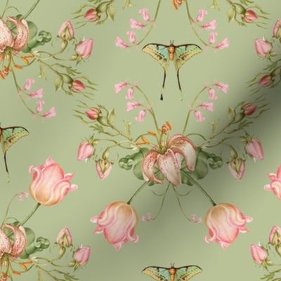 Exquisite Marie Antoinette Inspired Geometric Nostalgic Rose And Tulip Flower Tendrils Garden: Antique Geometrical Floral Springflowers And Butterflies, Vintage Wallpaper sepia spring green