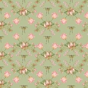 Exquisite Marie Antoinette Inspired Geometric Nostalgic Rose And Tulip Flower Tendrils Garden: Antique Geometrical Floral Springflowers And Butterflies, Vintage Wallpaper sepia spring green