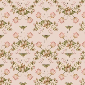 Exquisite Marie Antoinette Inspired Geometric Nostalgic Rose And Tulip Flower Tendrils Garden: Antique Geometrical Floral Springflowers And Butterflies, Vintage Wallpaper sepia pink