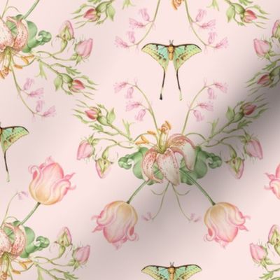 Exquisite Marie Antoinette Inspired Geometric Nostalgic Rose And Tulip Flower Tendrils Garden: Antique Geometrical Floral Springflowers And Butterflies, Vintage Wallpaper blush pink 