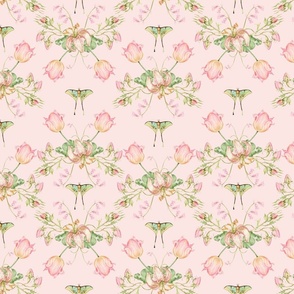 Exquisite Marie Antoinette Inspired Geometric Nostalgic Rose And Tulip Flower Tendrils Garden: Antique Geometrical Floral Springflowers And Butterflies, Vintage Wallpaper blush pink 