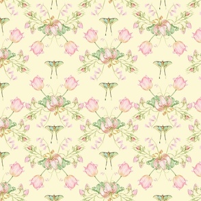 Exquisite Marie Antoinette Inspired Geometric Nostalgic Rose And Tulip Flower Tendrils Garden: Antique Geometrical Floral Springflowers And Butterflies, Vintage Wallpaper soft spring yellow 