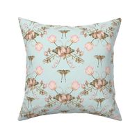 Exquisite Marie Antoinette Inspired Geometric Nostalgic Rose And Tulip Flower Tendrils Garden: Antique Geometrical Floral Springflowers And Butterflies, Vintage Wallpaper soft sepia light blue 