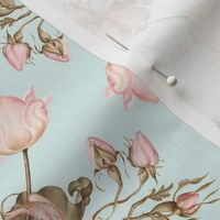 Exquisite Marie Antoinette Inspired Geometric Nostalgic Rose And Tulip Flower Tendrils Garden: Antique Geometrical Floral Springflowers And Butterflies, Vintage Wallpaper soft sepia light blue 