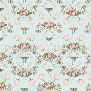 Exquisite Marie Antoinette Inspired Geometric Nostalgic Rose And Tulip Flower Tendrils Garden: Antique Geometrical Floral Springflowers And Butterflies, Vintage Wallpaper soft sepia light blue 