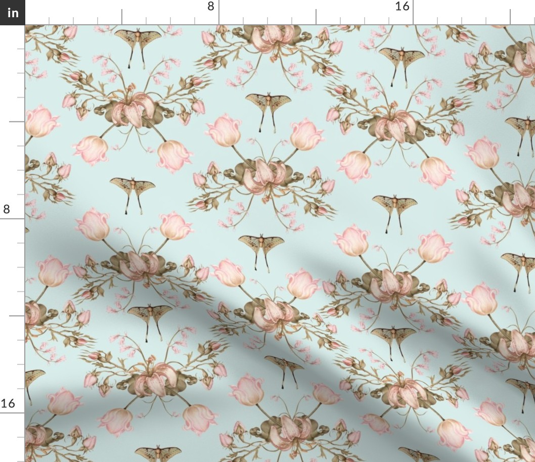 Exquisite Marie Antoinette Inspired Geometric Nostalgic Rose And Tulip Flower Tendrils Garden: Antique Geometrical Floral Springflowers And Butterflies, Vintage Wallpaper soft sepia light blue 