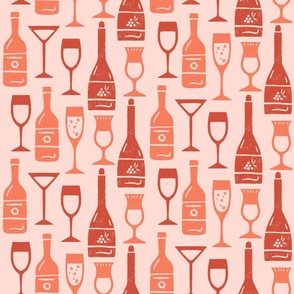 Toast of Happiness: Bottles & Glasses in  Red & Orange on Light Pink (L)