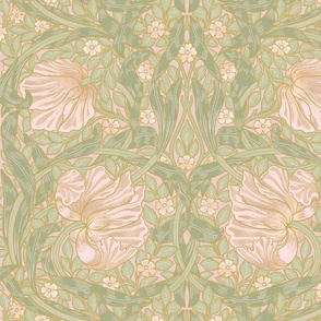 Pimpernel - Large 21"  - historic reconstructed damask wallpaper by William Morris - antiqued restored reconstruction in blush peach and light spring green - art nouveau art deco - metal glamour effect