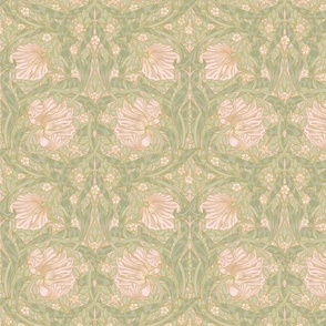 Pimpernel - Small 10"  - historic reconstructed damask wallpaper by William Morris - antiqued restored reconstruction in blush peach and light spring green - art nouveau art deco - metal glamour effect