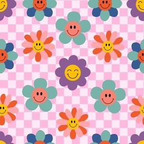 cheerfully smiling flowers on a pink checkered background