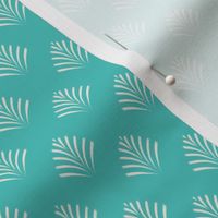Tiny scale / Blue and beige block print palm leaves / micro mini small Warm light creamy ivory palm leaf fronds on calming monochrome retro aqua teal turquoise / minimal modern fan florals tropical Indian summer motifs blender