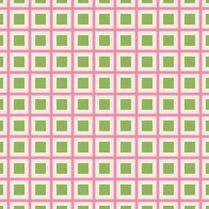 Tiny scale / Green squares in pink grid on beige plaid / micro mini small Fun girly stripes 60s checks happy retro box dots / minimal classic lines warm fresh spring apple green and light cream summer candy rose blender