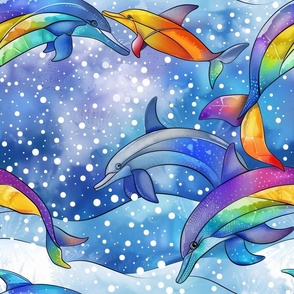 Playful Fantasy Rainbow Colorful Watercolor Dolphins in Winter Snow