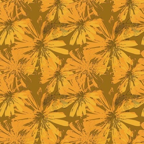 Monochrome retro floral pattern. Yellow orange flowers on a brown background.