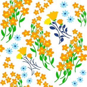 Collegiate Flowers Orange And Blues Ditzy On White 90’s Retro Modern Scandi Swedish Cheerful Cottagecore Coastal Granny Grandmillennial Dorm Bold Colorful Tulips Phlox Floral Repeat Pattern