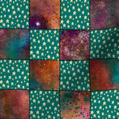Faux Stitched Patchwork, 2 inch Quilt Blocks, Teal and Purple Abstract and Teal Blue