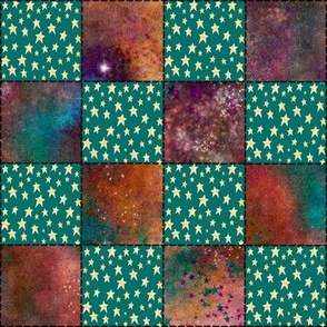 Faux Stitched Patchwork, 2 inch Quilt Blocks, Teal and Purple Abstract and Teal Blue