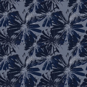 Monochrome retro floral pattern. Dark blue flowers on a gray background.