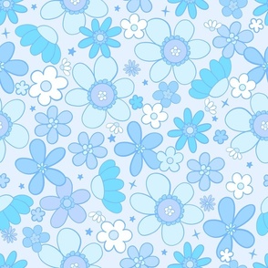 Cute Retro Floral-blue and purple, Groovy Floral, Boho Floral, 60s 70s, Vintage, Colorful Floral Fabric, Stars, Daisies