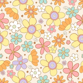 Cute Retro Floral, Groovy Floral, Boho Floral, 60s 70s, Vintage, Colorful Floral Fabric, Stars, Daisies