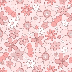 Cute Retro Floral-peach, Groovy Floral, Boho Floral, 60s 70s, Vintage, Colorful Floral Fabric, Stars, Daisies