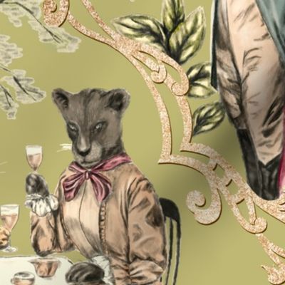 (L) Queen's Tea Party - safari animals in victorian outfit in green